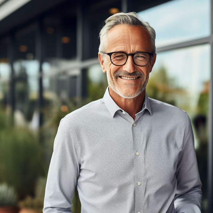 Gemanagte ETF-Portfolios Unternehmer steht lächelnd vor seiner Firma