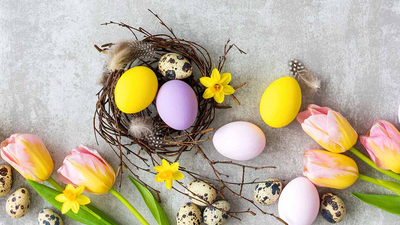 Stilleben aus bunten Ostereiern, Tulpen und einem Nest